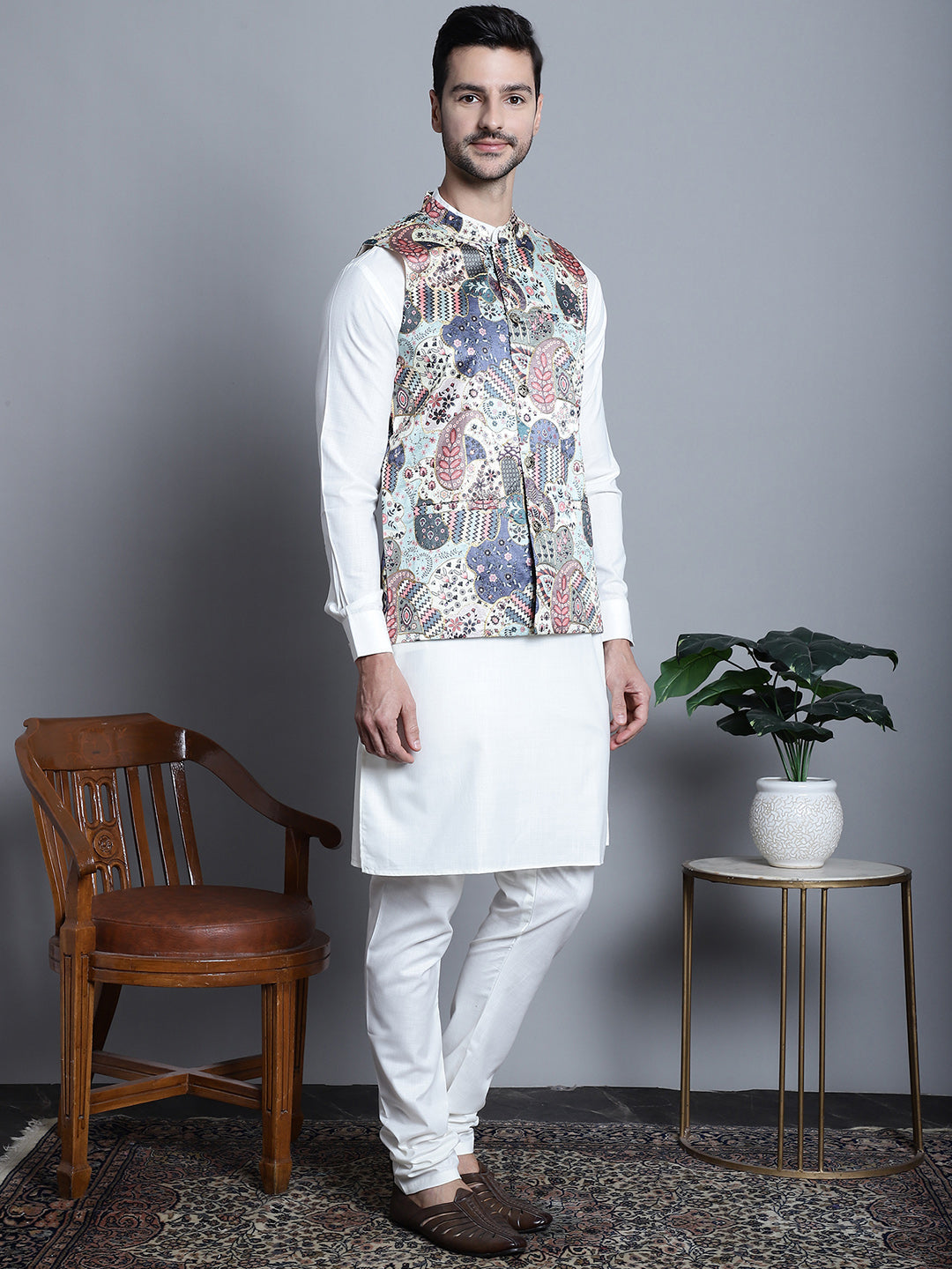 Jompers Men's Digital Print and Zari Work Nehru Jacket With Kurta Pyjama Set - Blue | Grocsy
