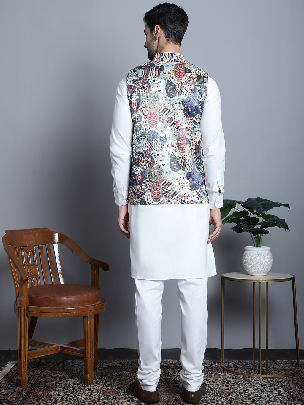 Jompers Men's Digital Print and Zari Work Nehru Jacket With Kurta Pyjama Set - Blue | Grocsy
