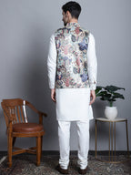 Jompers Men's Digital Print and Zari Work Nehru Jacket With Kurta Pyjama Set - Blue | Grocsy