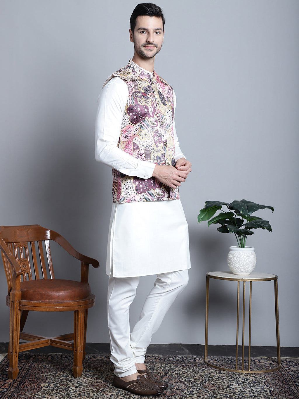 Jompers Men's Digital Print and Zari Work Nehru Jacket With Kurta Pyjama Set - Purple | Grocsy