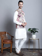 Jompers Men's Digital Print and Zari Work Nehru Jacket With Kurta Pyjama Set - Purple | Grocsy