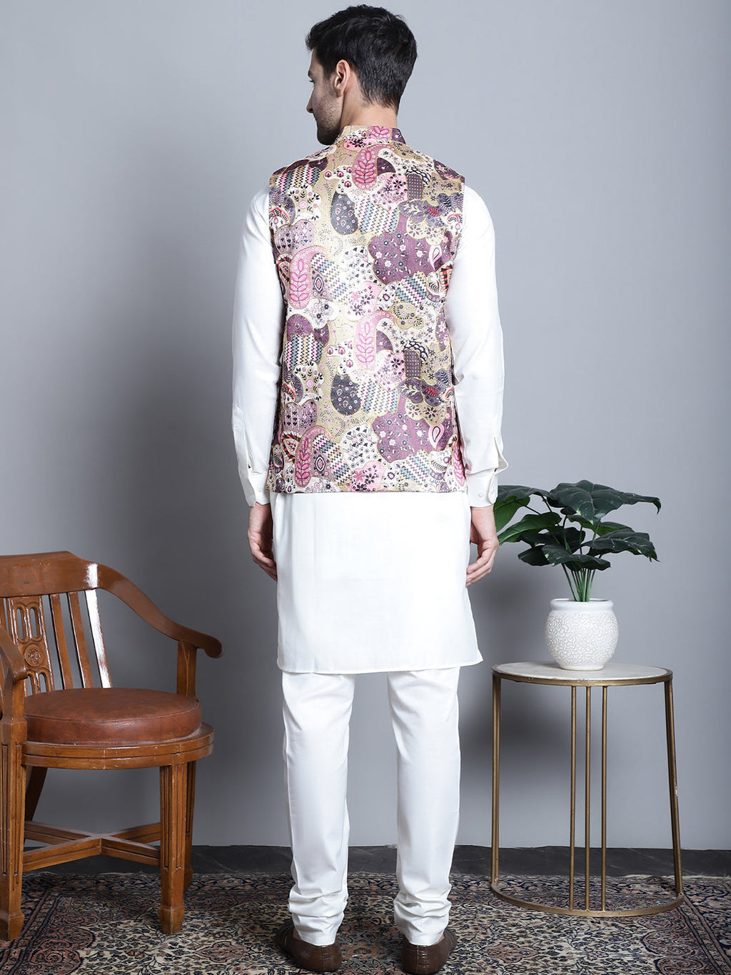 Jompers Men's Digital Print and Zari Work Nehru Jacket With Kurta Pyjama Set - Purple | Grocsy