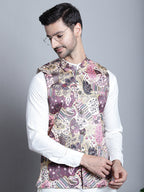 Jompers Men's Digital Print and Zari Work Nehru Jacket With Kurta Pyjama Set - Purple | Grocsy