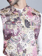 Jompers Men's Digital Print and Zari Work Nehru Jacket With Kurta Pyjama Set - Purple | Grocsy