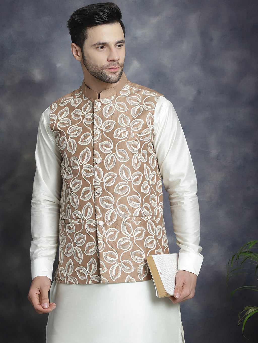 Jompers Men's Embroidred Nehru Jacket With Solid Kurta Pyjama - Brown | Grocsy