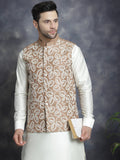 Jompers Men's Embroidred Nehru Jacket With Solid Kurta Pyjama - Brown | Grocsy