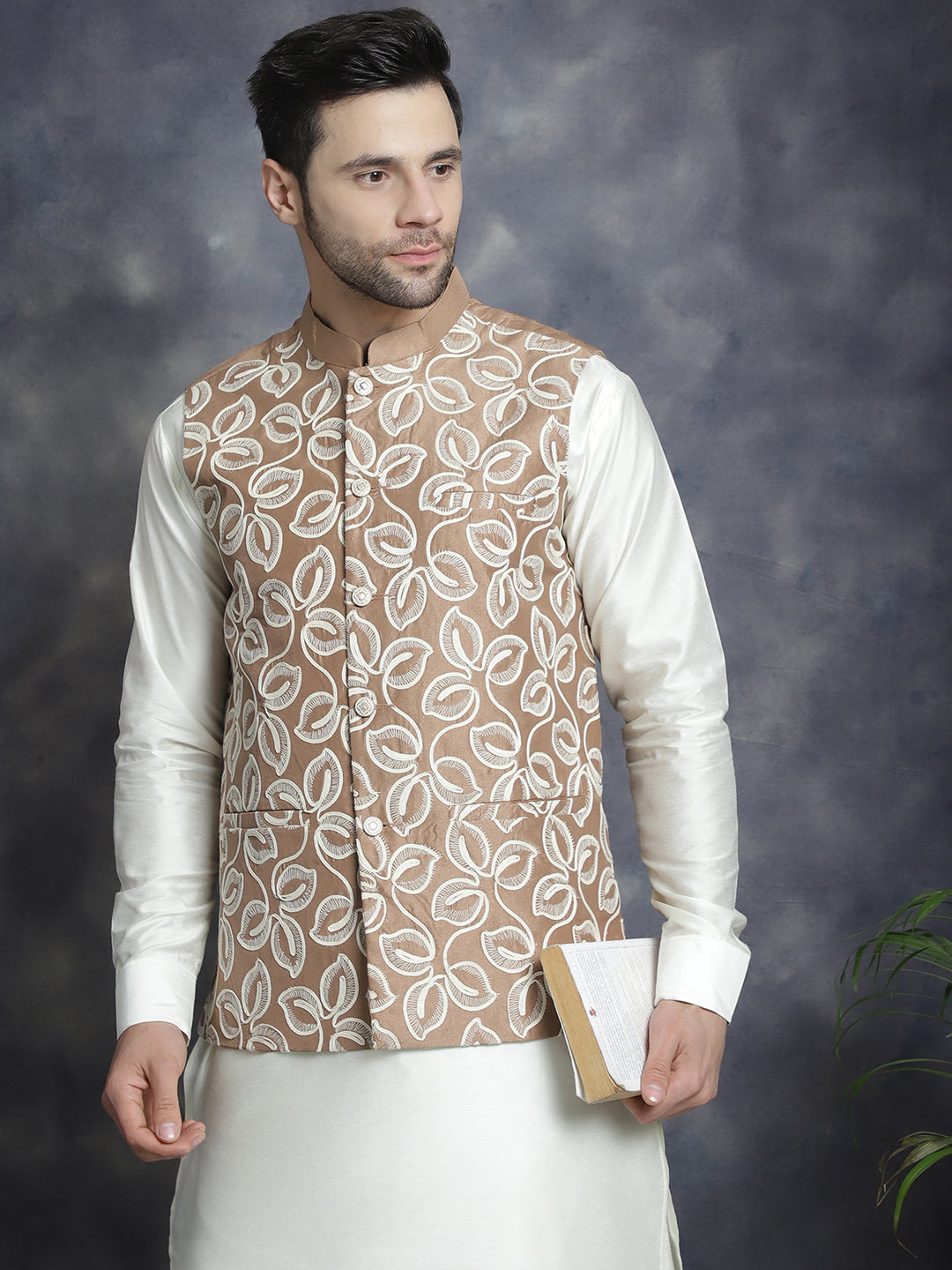 Jompers Men's Embroidred Nehru Jacket With Solid Kurta Pyjama - Brown | Grocsy