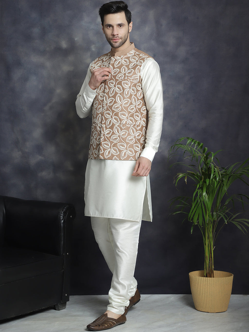 Jompers Men's Embroidred Nehru Jacket With Solid Kurta Pyjama - Brown | Grocsy