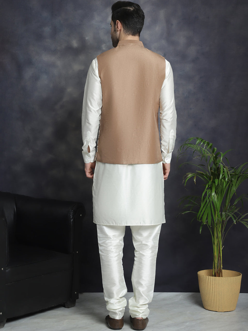 Jompers Men's Embroidred Nehru Jacket With Solid Kurta Pyjama - Brown | Grocsy