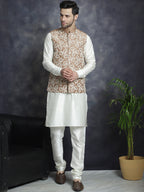 Jompers Men's Embroidred Nehru Jacket With Solid Kurta Pyjama - Brown | Grocsy