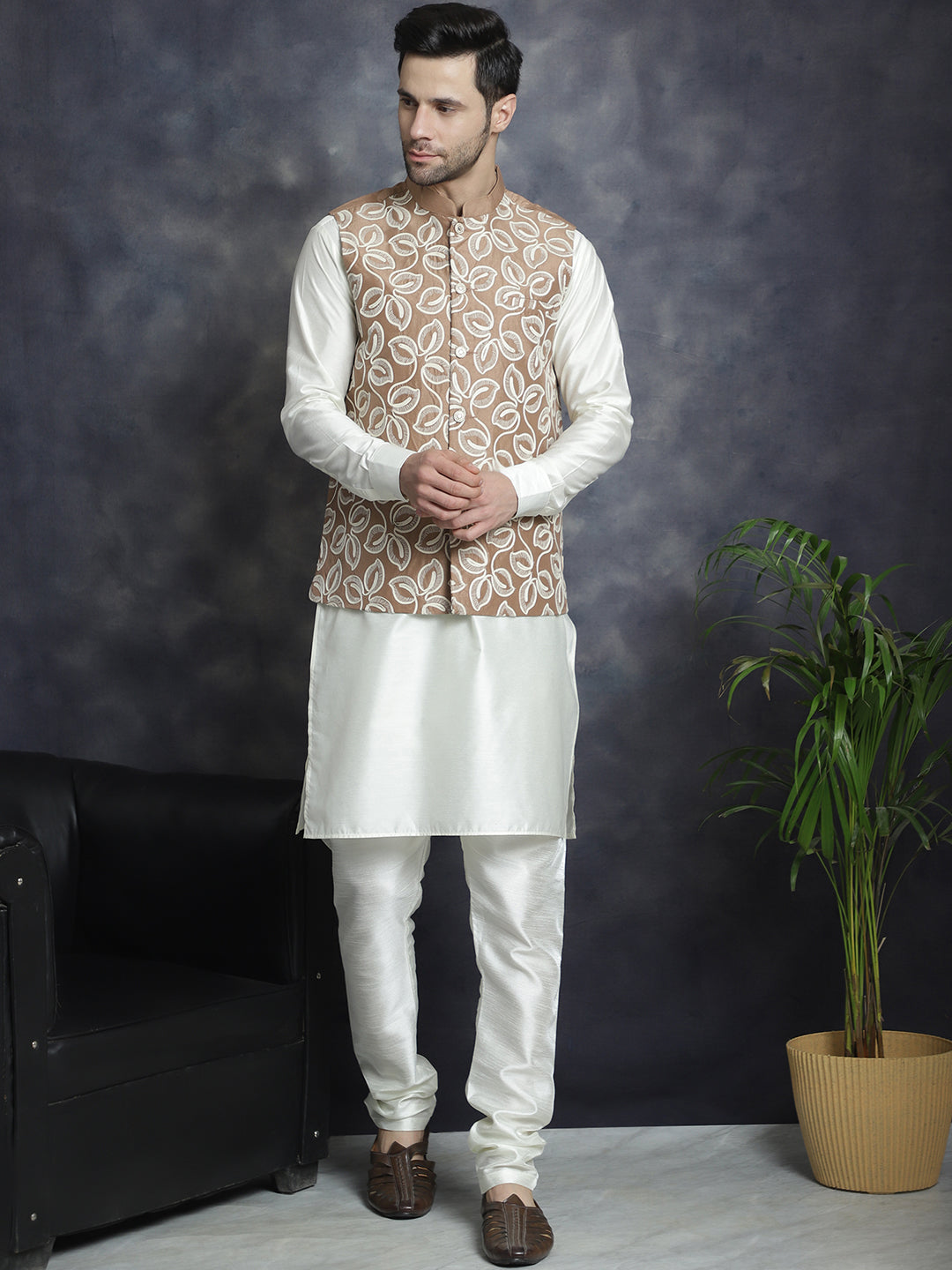 Jompers Men's Embroidred Nehru Jacket With Solid Kurta Pyjama - Brown | Grocsy