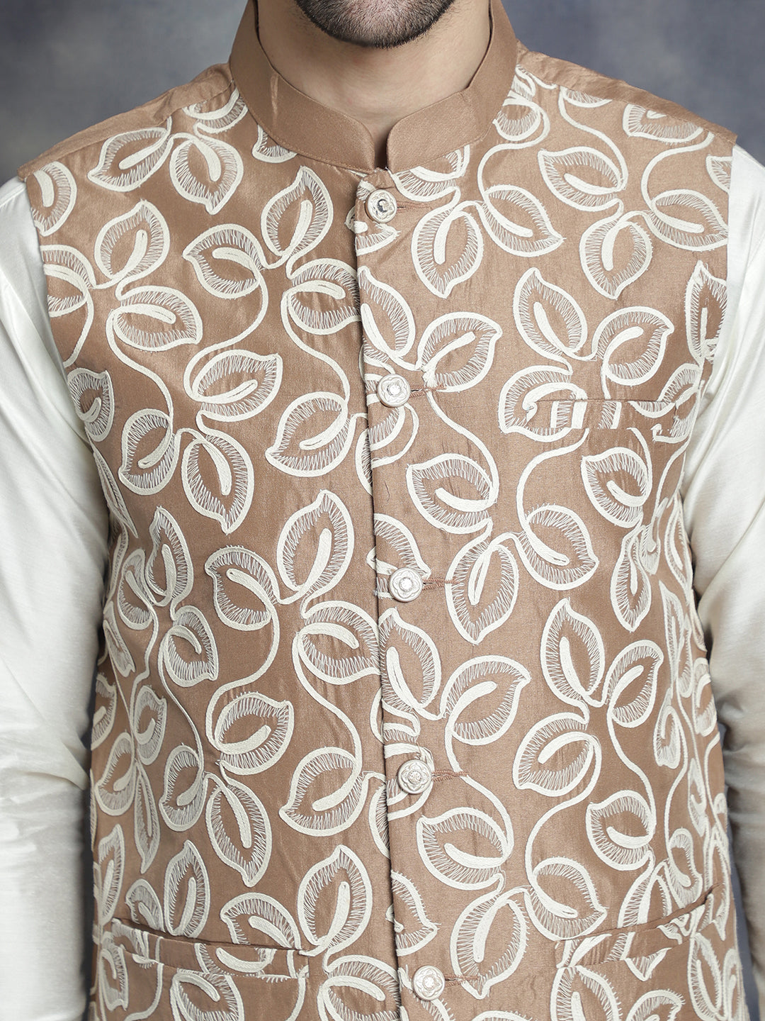 Jompers Men's Embroidred Nehru Jacket With Solid Kurta Pyjama - Brown | Grocsy