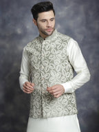 Jompers Men's Embroidred Nehru Jacket With Solid Kurta Pyjama - Pista | Grocsy
