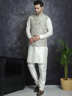 Jompers Men's Embroidred Nehru Jacket With Solid Kurta Pyjama - Pista | Grocsy