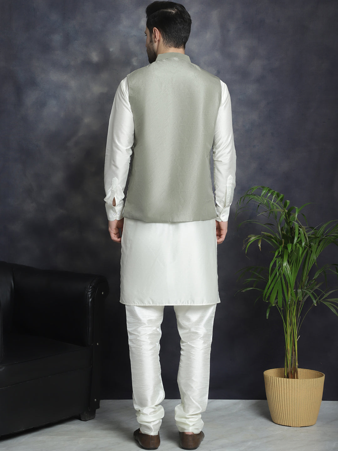 Jompers Men's Embroidred Nehru Jacket With Solid Kurta Pyjama - Pista | Grocsy