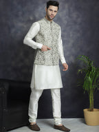 Jompers Men's Embroidred Nehru Jacket With Solid Kurta Pyjama - Pista | Grocsy