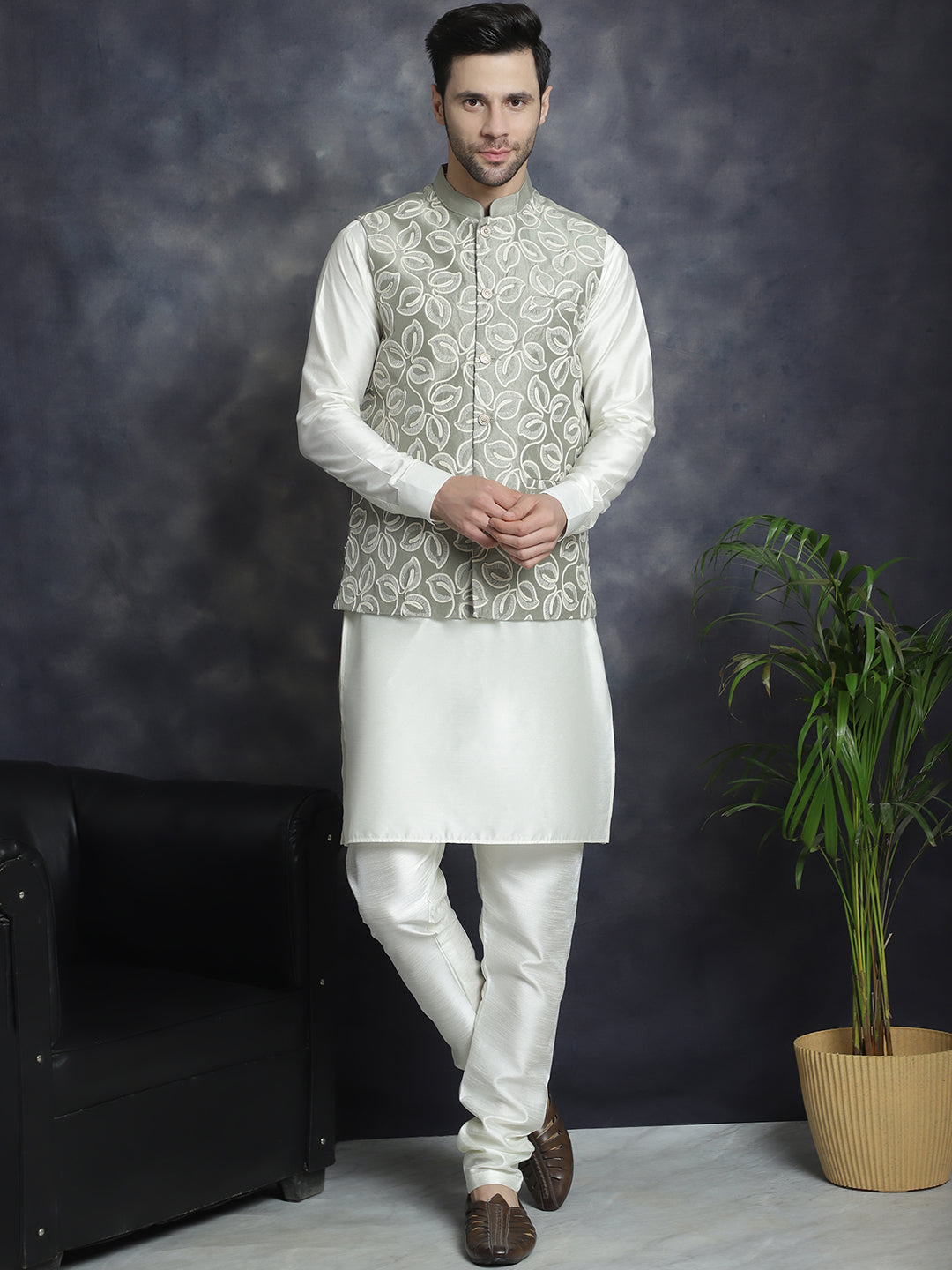 Jompers Men's Embroidred Nehru Jacket With Solid Kurta Pyjama - Pista | Grocsy