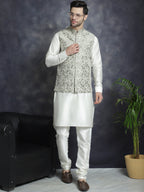 Jompers Men's Embroidred Nehru Jacket With Solid Kurta Pyjama - Pista | Grocsy