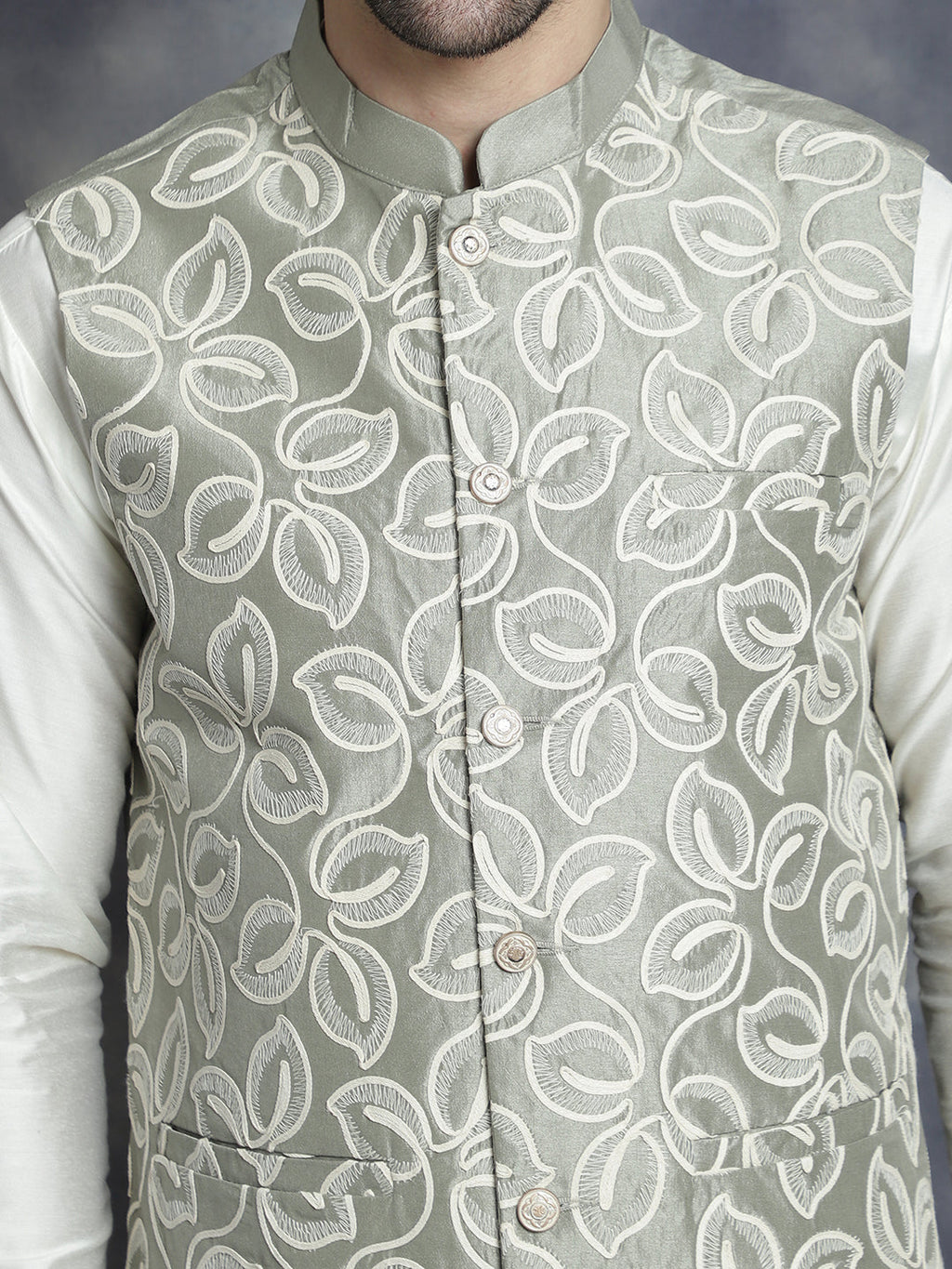 Jompers Men's Embroidred Nehru Jacket With Solid Kurta Pyjama - Pista | Grocsy