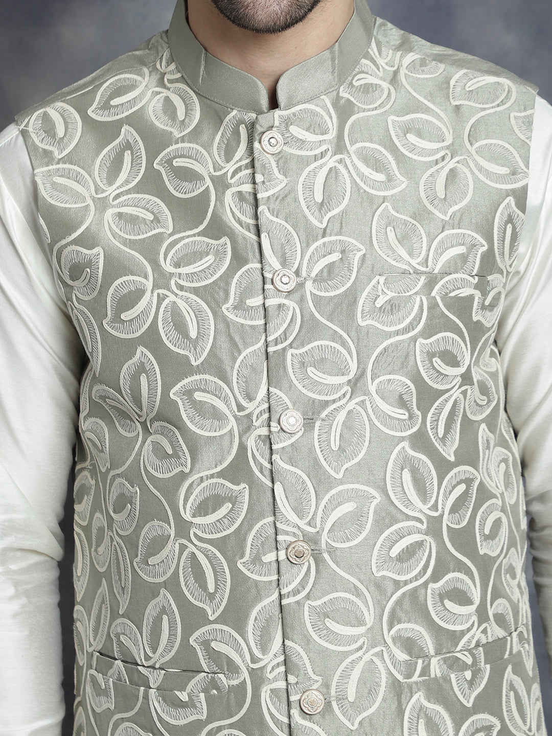 Jompers Men's Embroidred Nehru Jacket With Solid Kurta Pyjama - Pista | Grocsy