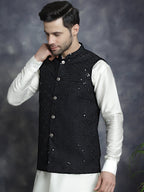 Jompers Men's Sequins and Embroidred Nehru Jacket With Solid Kurta Pyjama - Black | Grocsy