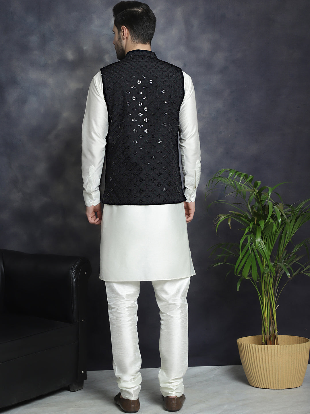 Jompers Men's Sequins and Embroidred Nehru Jacket With Solid Kurta Pyjama - Black | Grocsy