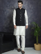Jompers Men's Sequins and Embroidred Nehru Jacket With Solid Kurta Pyjama - Black | Grocsy
