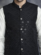 Jompers Men's Sequins and Embroidred Nehru Jacket With Solid Kurta Pyjama - Black | Grocsy