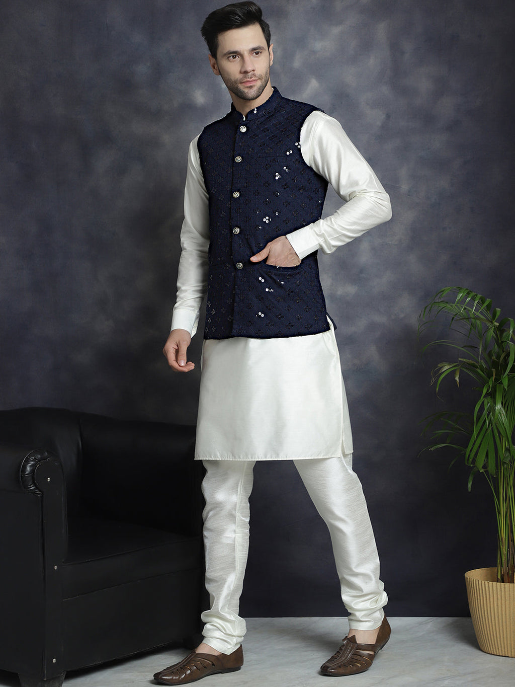 Jompers Men's Sequins and Embroidred Nehru Jacket With Solid Kurta Pyjama - Navy Blue | Grocsy