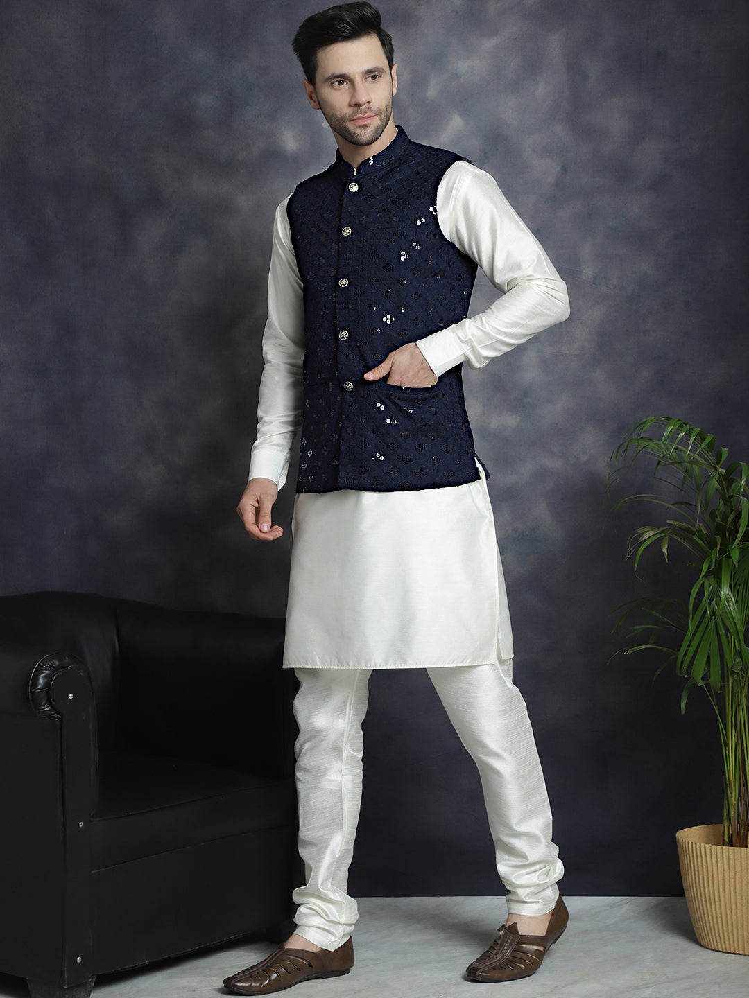 Jompers Men's Sequins and Embroidred Nehru Jacket With Solid Kurta Pyjama - Navy Blue | Grocsy