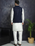 Jompers Men's Sequins and Embroidred Nehru Jacket With Solid Kurta Pyjama - Navy Blue | Grocsy