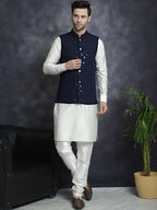 Jompers Men's Sequins and Embroidred Nehru Jacket With Solid Kurta Pyjama - Navy Blue | Grocsy