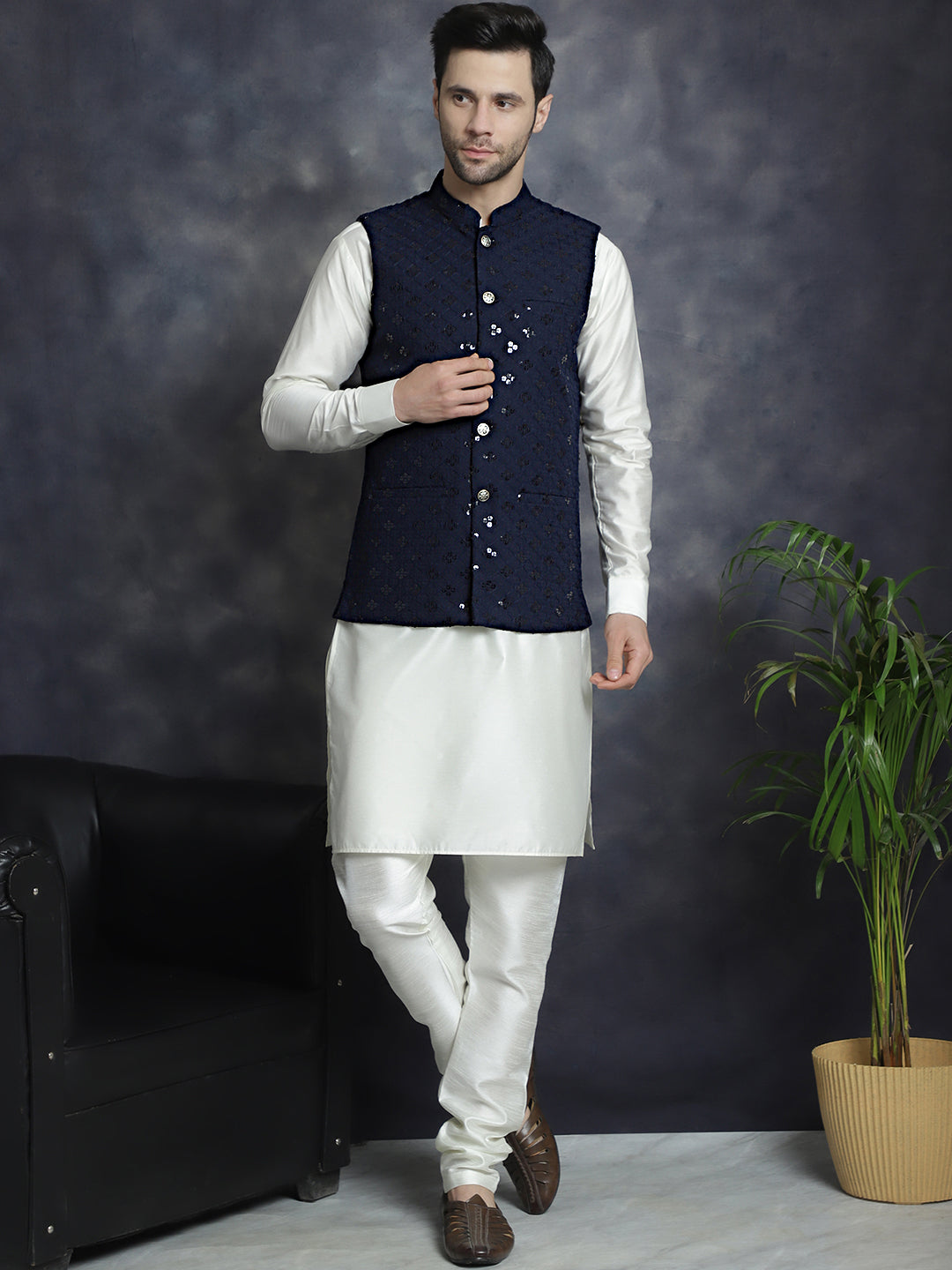 Jompers Men's Sequins and Embroidred Nehru Jacket With Solid Kurta Pyjama - Navy Blue | Grocsy
