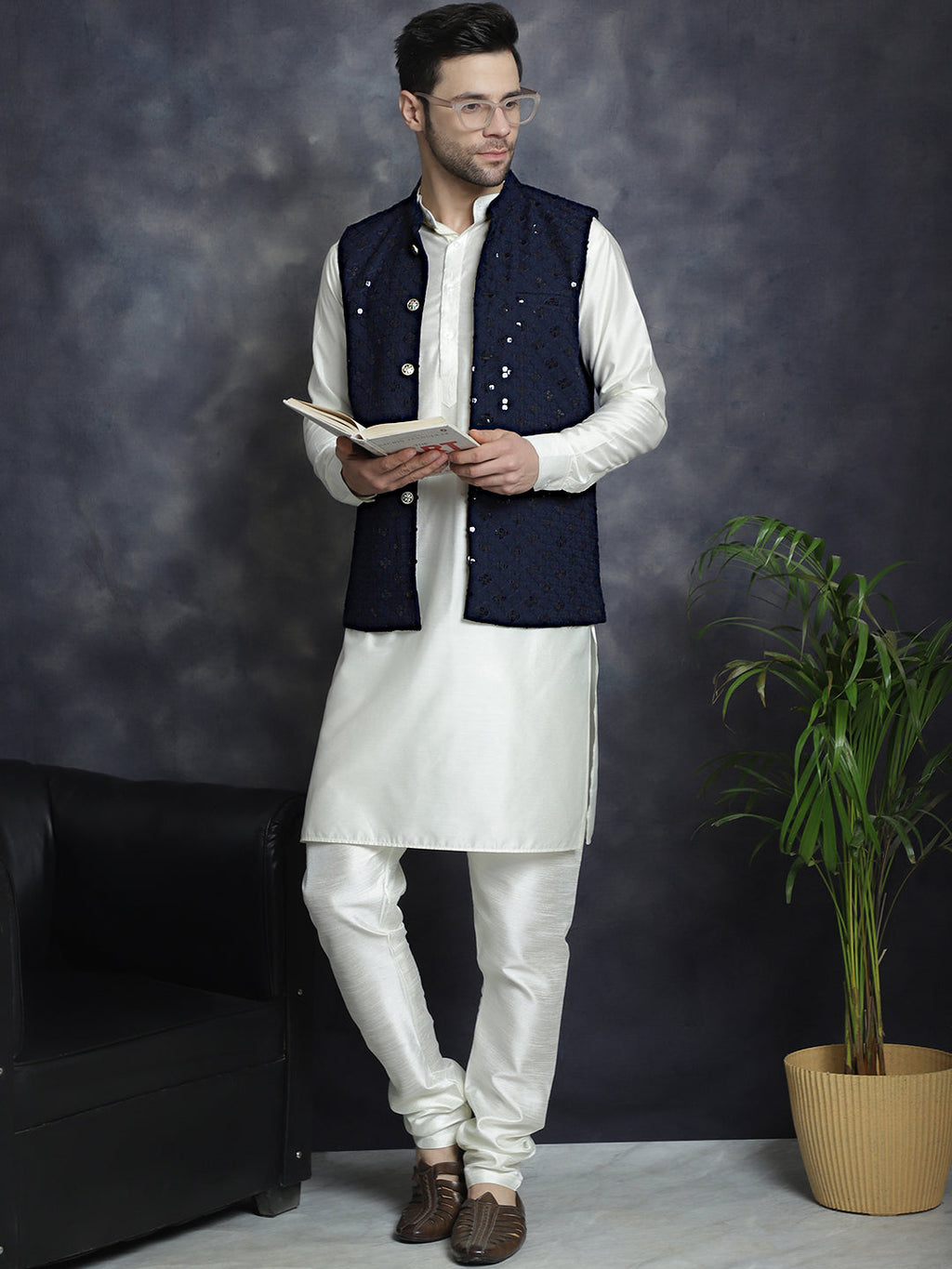 Jompers Men's Sequins and Embroidred Nehru Jacket With Solid Kurta Pyjama - Navy Blue | Grocsy