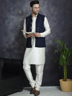 Jompers Men's Sequins and Embroidred Nehru Jacket With Solid Kurta Pyjama - Navy Blue | Grocsy