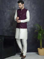 Jompers Men's Sequins and Embroidred Nehru Jacket With Solid Kurta Pyjama - Purple | Grocsy
