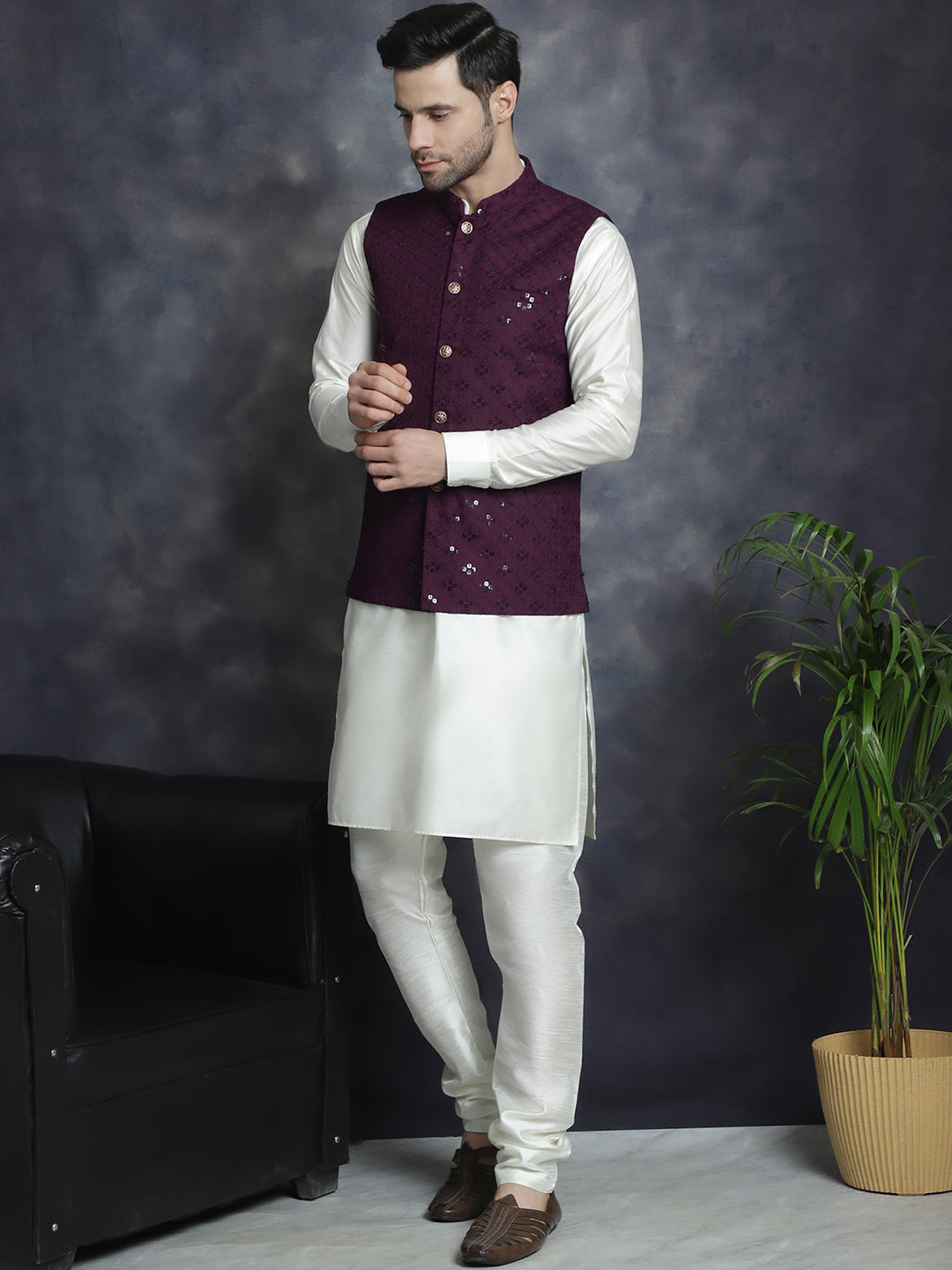 Jompers Men's Sequins and Embroidred Nehru Jacket With Solid Kurta Pyjama - Purple | Grocsy