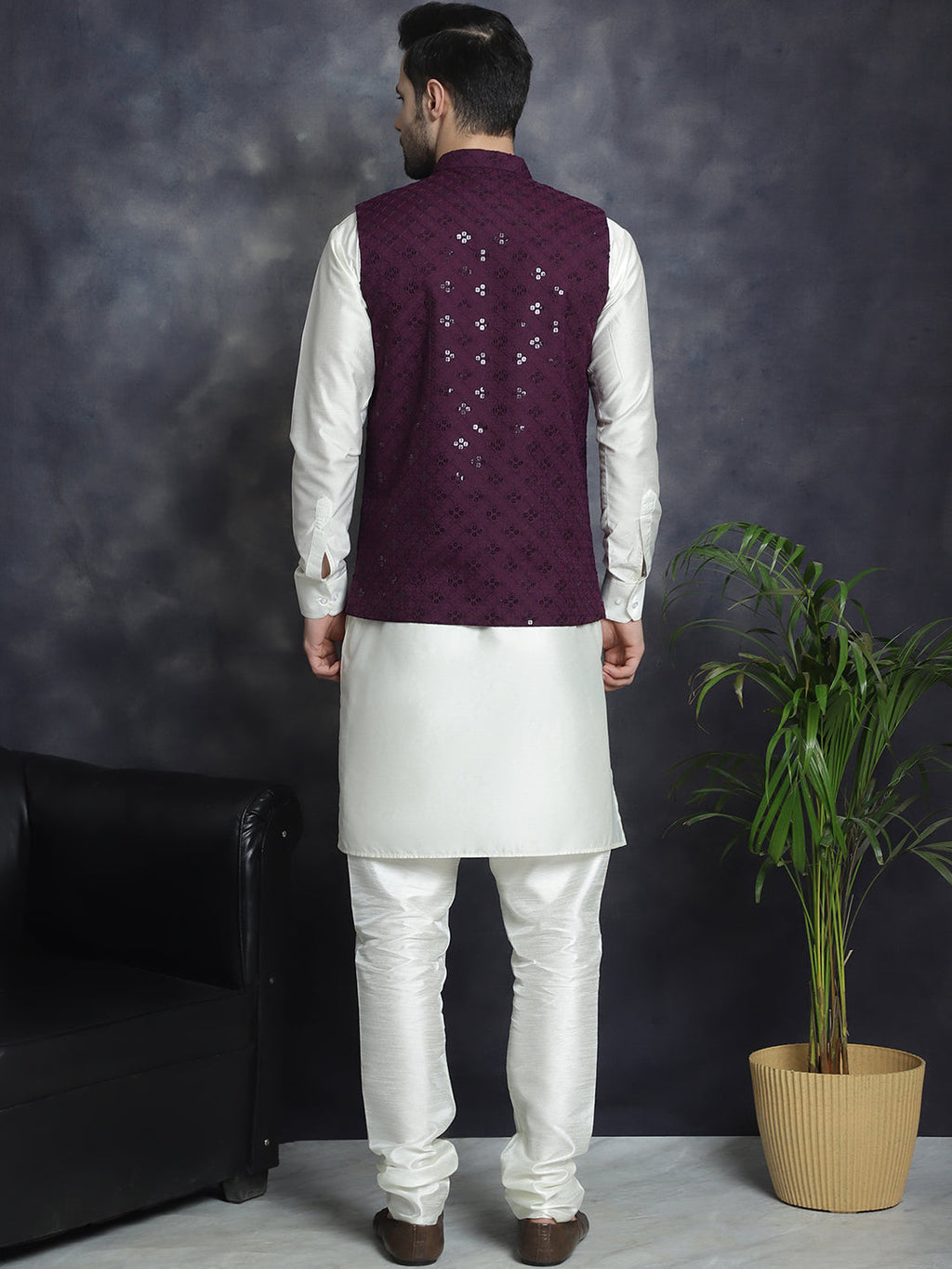 Jompers Men's Sequins and Embroidred Nehru Jacket With Solid Kurta Pyjama - Purple | Grocsy