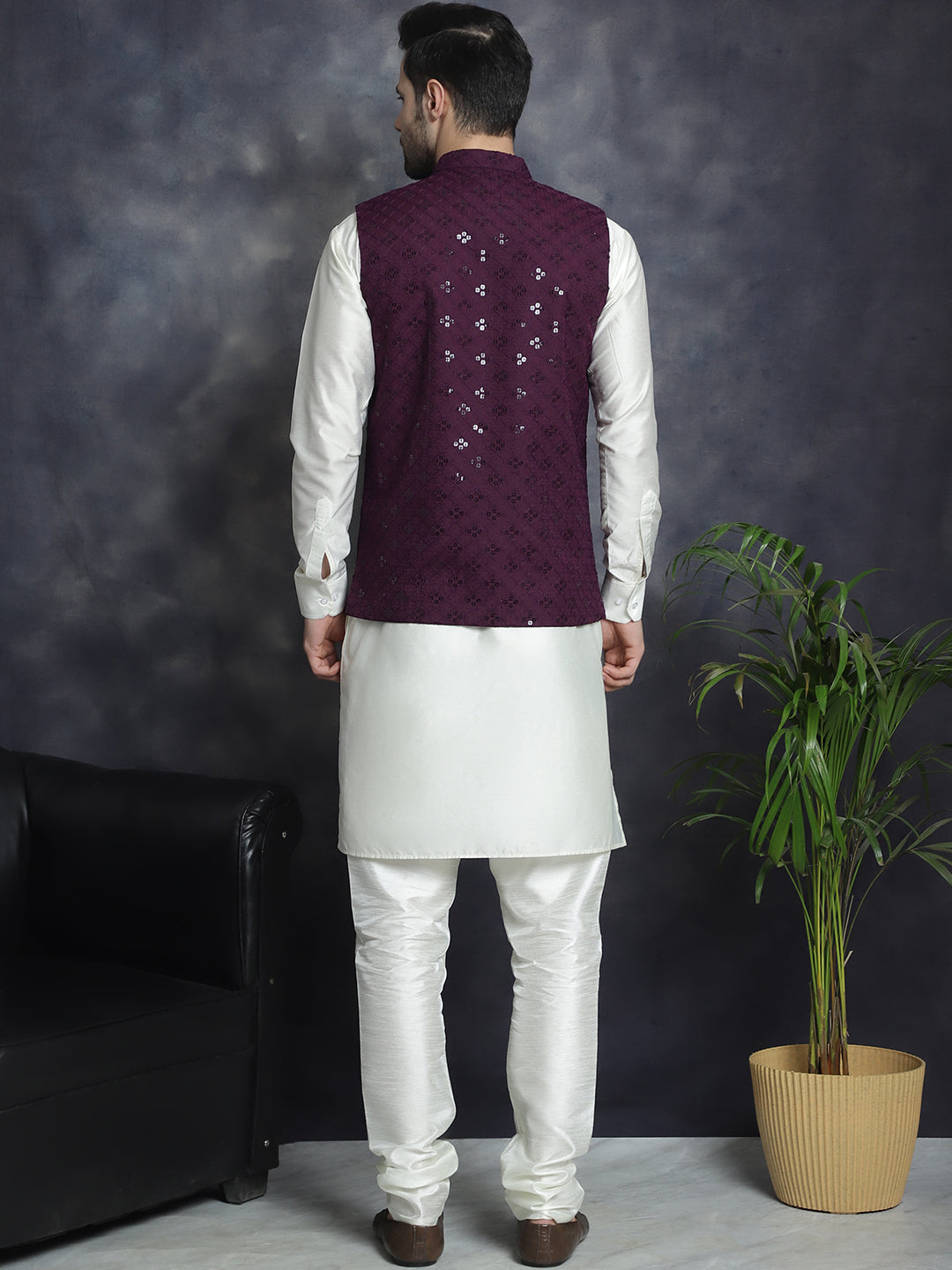 Jompers Men's Sequins and Embroidred Nehru Jacket With Solid Kurta Pyjama - Purple | Grocsy