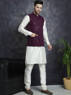 Jompers Men's Sequins and Embroidred Nehru Jacket With Solid Kurta Pyjama - Purple | Grocsy