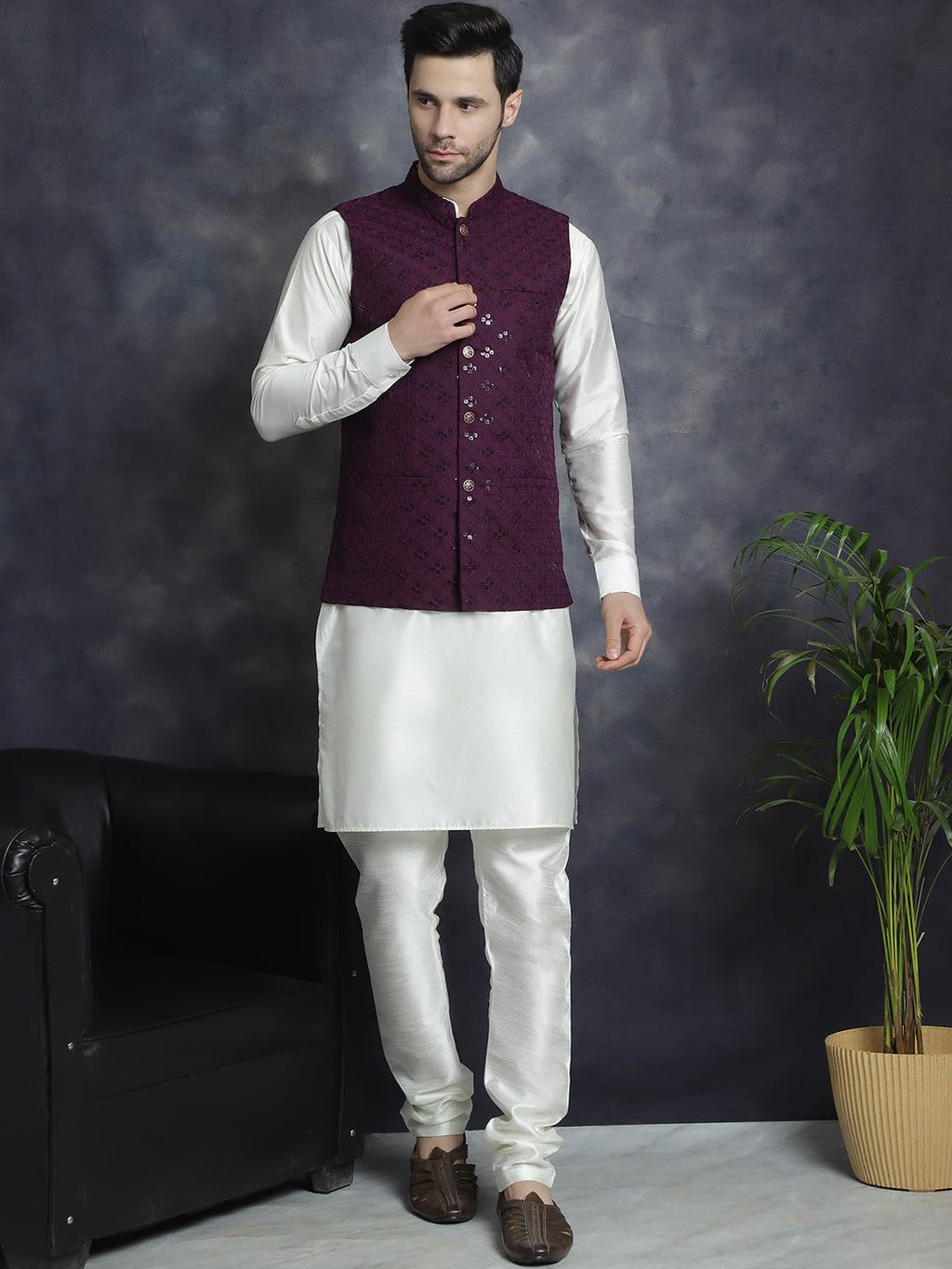 Jompers Men's Sequins and Embroidred Nehru Jacket With Solid Kurta Pyjama - Purple | Grocsy