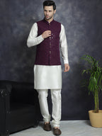Jompers Men's Sequins and Embroidred Nehru Jacket With Solid Kurta Pyjama - Purple | Grocsy