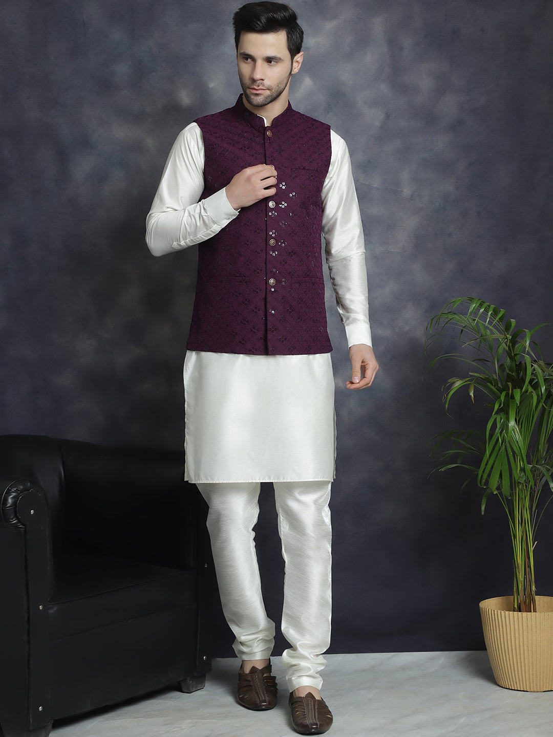 Jompers Men's Sequins and Embroidred Nehru Jacket With Solid Kurta Pyjama - Purple | Grocsy