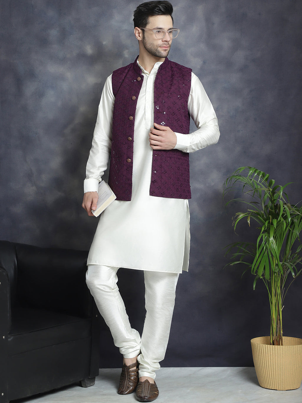 Jompers Men's Sequins and Embroidred Nehru Jacket With Solid Kurta Pyjama - Purple | Grocsy