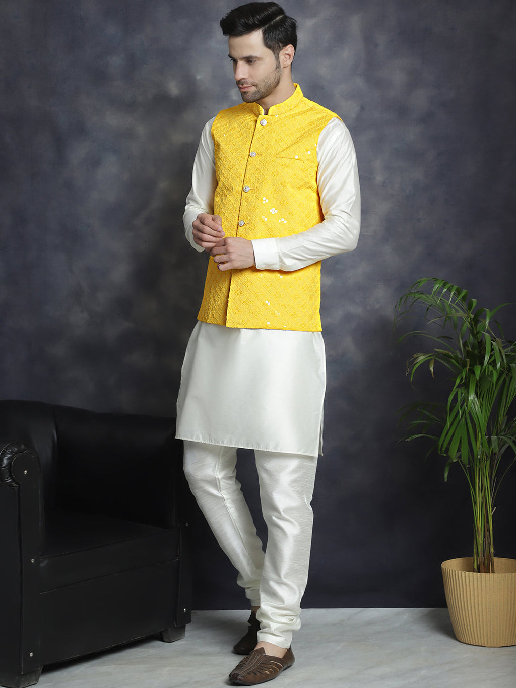 Jompers Men's Sequins and Embroidred Nehru Jacket With Solid Kurta Pyjama - Yellow | Grocsy