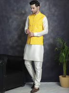 Jompers Men's Sequins and Embroidred Nehru Jacket With Solid Kurta Pyjama - Yellow | Grocsy