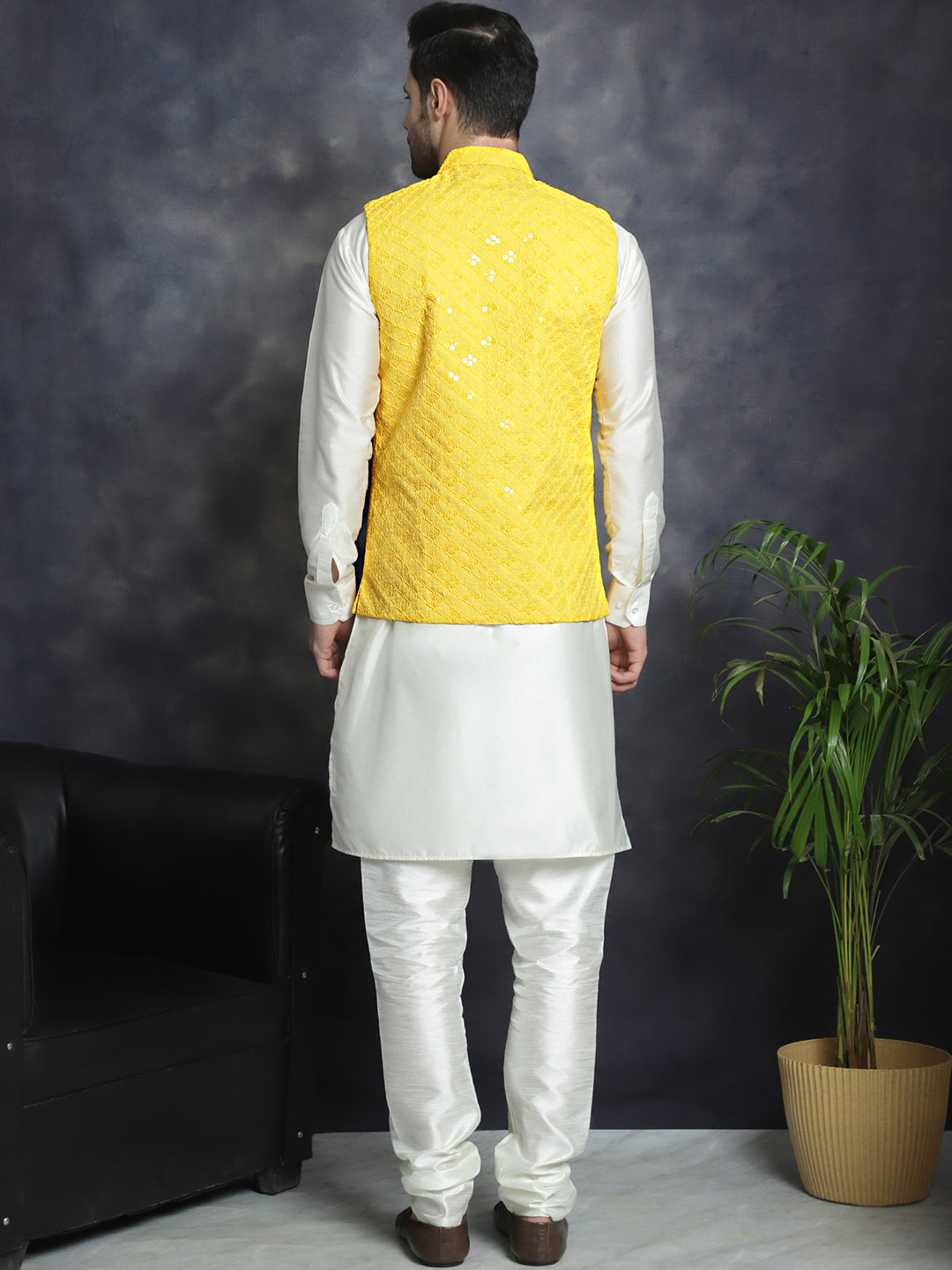 Jompers Men's Sequins and Embroidred Nehru Jacket With Solid Kurta Pyjama - Yellow | Grocsy