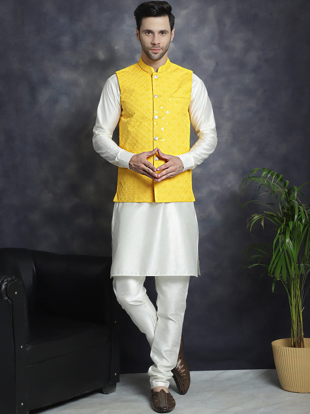 Jompers Men's Sequins and Embroidred Nehru Jacket With Solid Kurta Pyjama - Yellow | Grocsy