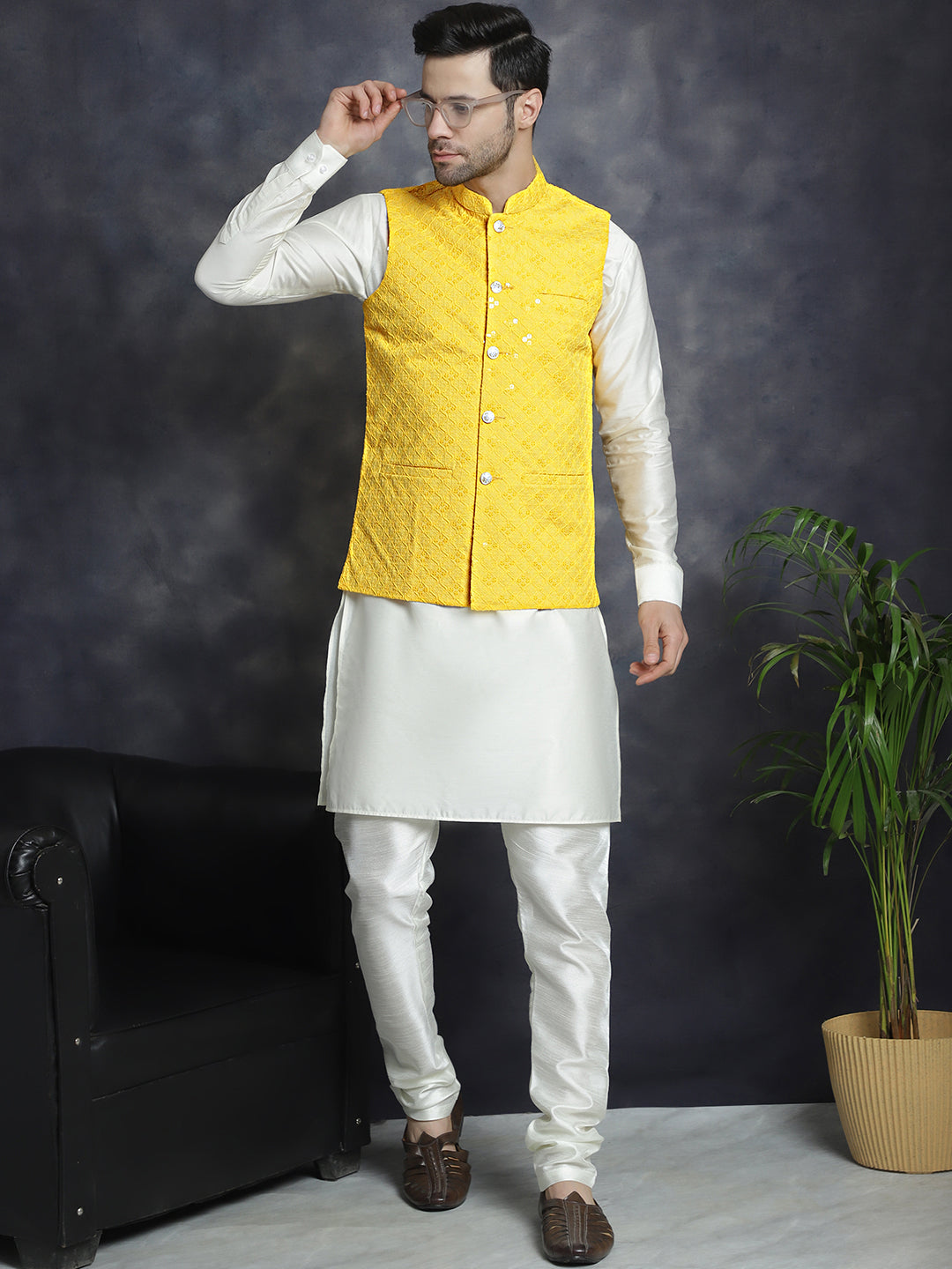 Jompers Men's Sequins and Embroidred Nehru Jacket With Solid Kurta Pyjama - Yellow | Grocsy