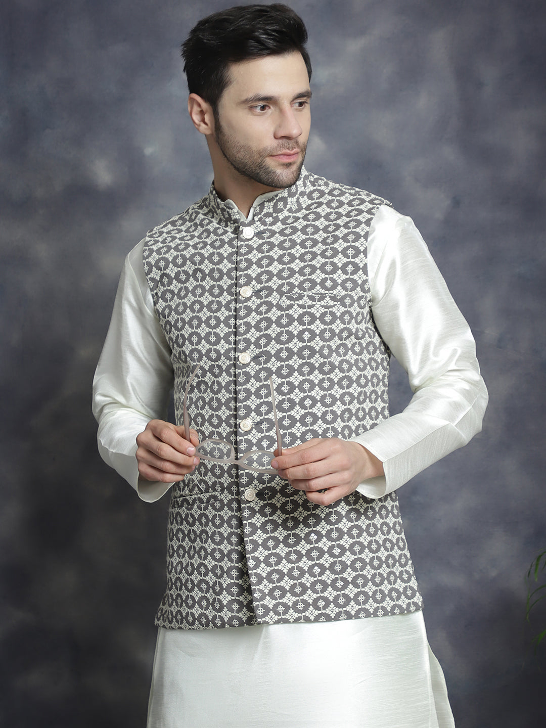 Jompers Men's Embroidred Nehru Jacket With Solid Kurta Pyjama - Grey | Grocsy